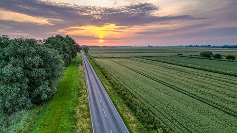 Overhead view of the fens with a road running through it