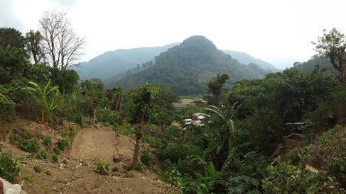 Multiple land users and flows from nature are evident at the landscape scale, including parcels of land for coffee and subsistence food production, for livestock holdings and for homes, for soccer games and for water management. Mexico. Photo credit: Rach